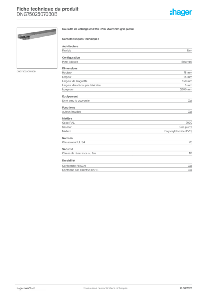 Image Hager Fiche technique du produit DNG7502507030B | Hager Suisse