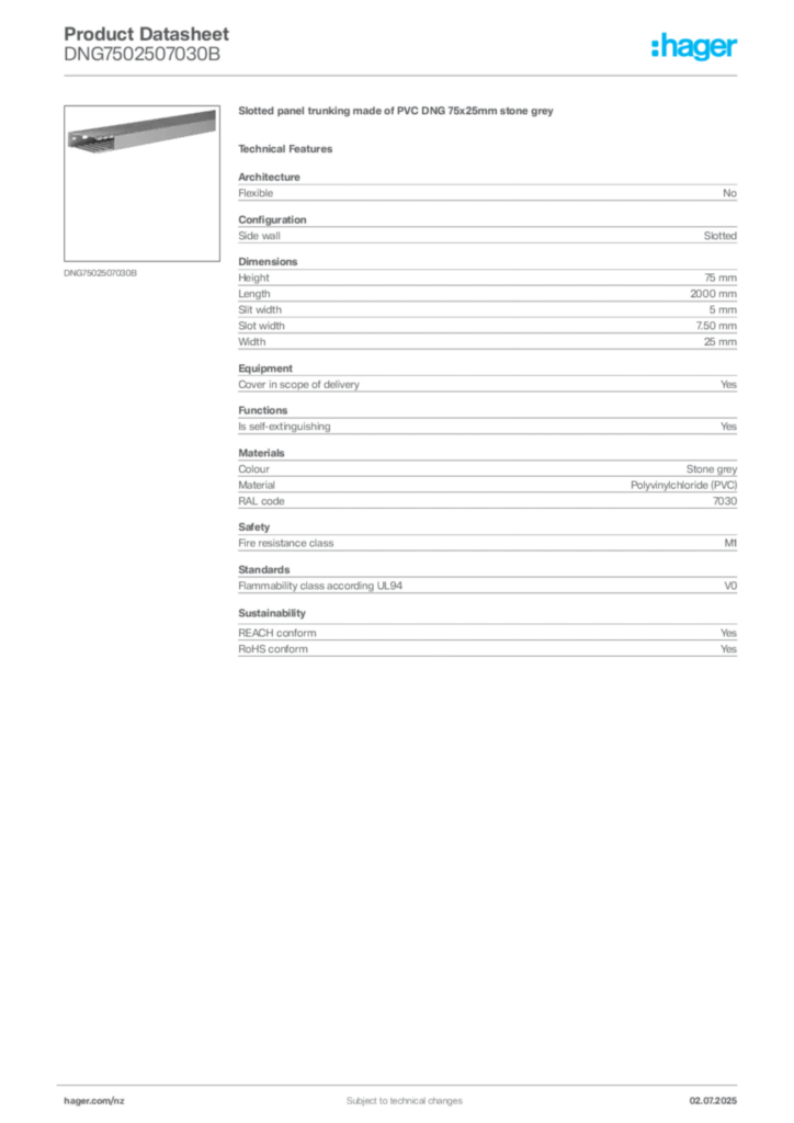 Image Hager Product data sheet DNG7502507030B  | Hager New Zealand
