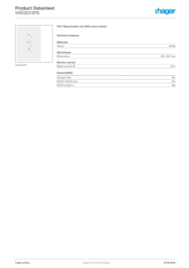 Image Hager Product data sheet WBQSV3PB  | Hager Australia
