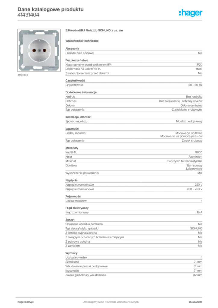 Zdjęcie Hager Dane katalogowe produktu 41431404 | Hager Polska