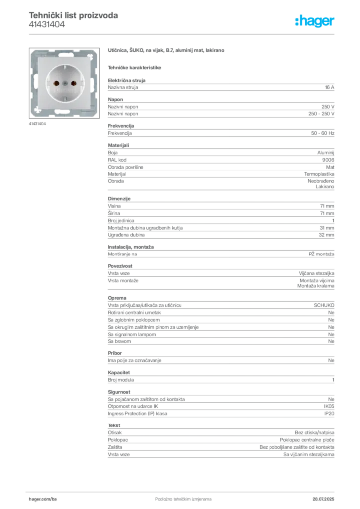 Slika Hager Product data sheet 41431404  | Hager