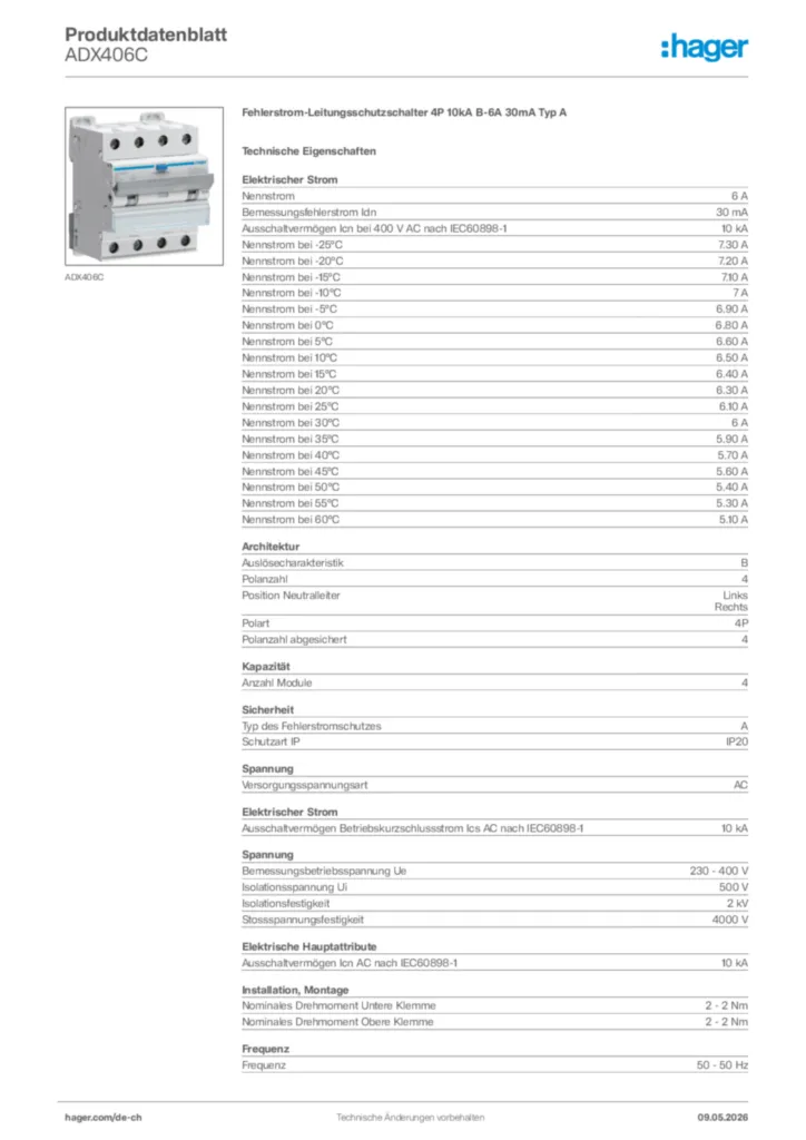 Bild Hager Produktdatenblatt ADX406C | Hager Schweiz