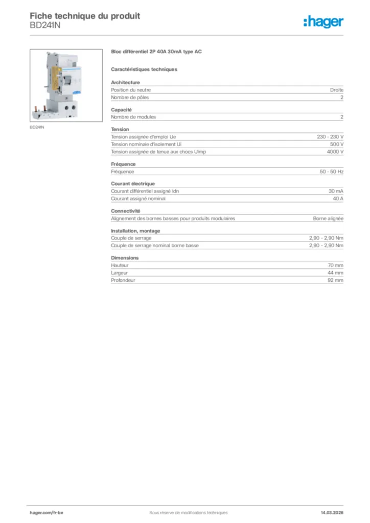 Image Hager Fiche technique du produit BD241N | Hager Belgique
