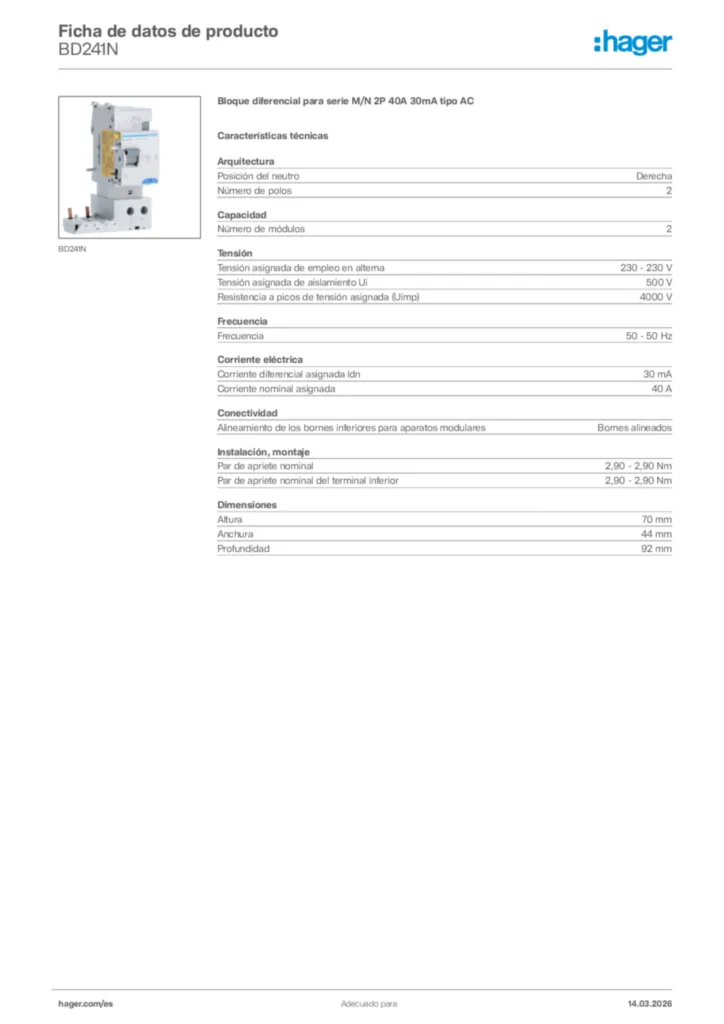 Imagen Hager Ficha de datos de producto BD241N | Hager España