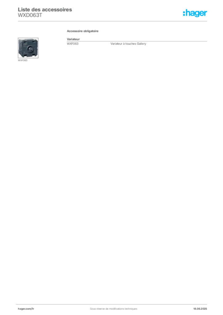Image Hager Fiche technique du produit WXD063T | Hager France