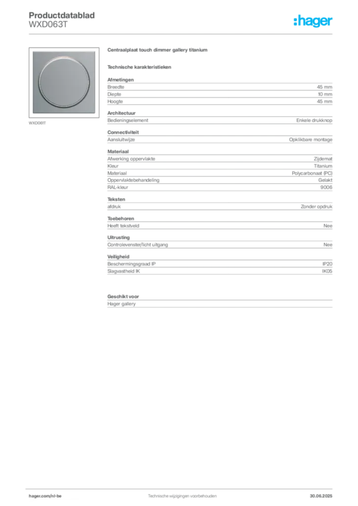 Afbeelding Hager Productdatablad WXD063T | Hager Belgium