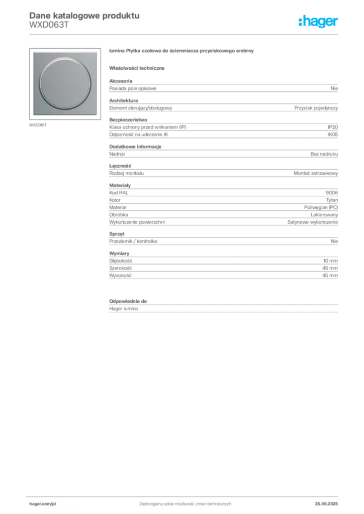 Zdjęcie Hager Dane katalogowe produktu WXD063T | Hager Polska