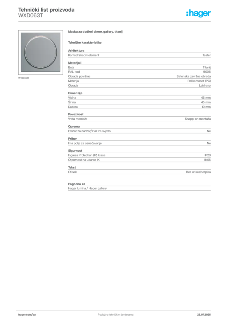 Slika Hager Product data sheet WXD063T  | Hager