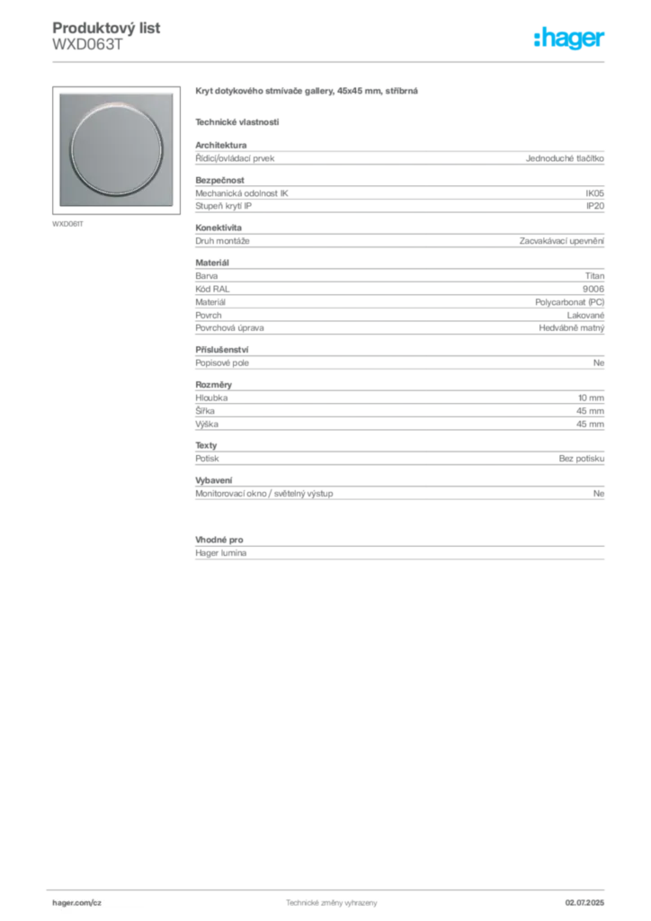 Obrázek Hager Produktový list WXD063T | Hager