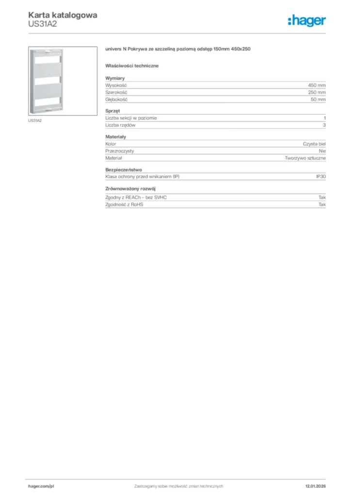 Zdjęcie Hager Karta katalogowa US31A2 | Hager Polska