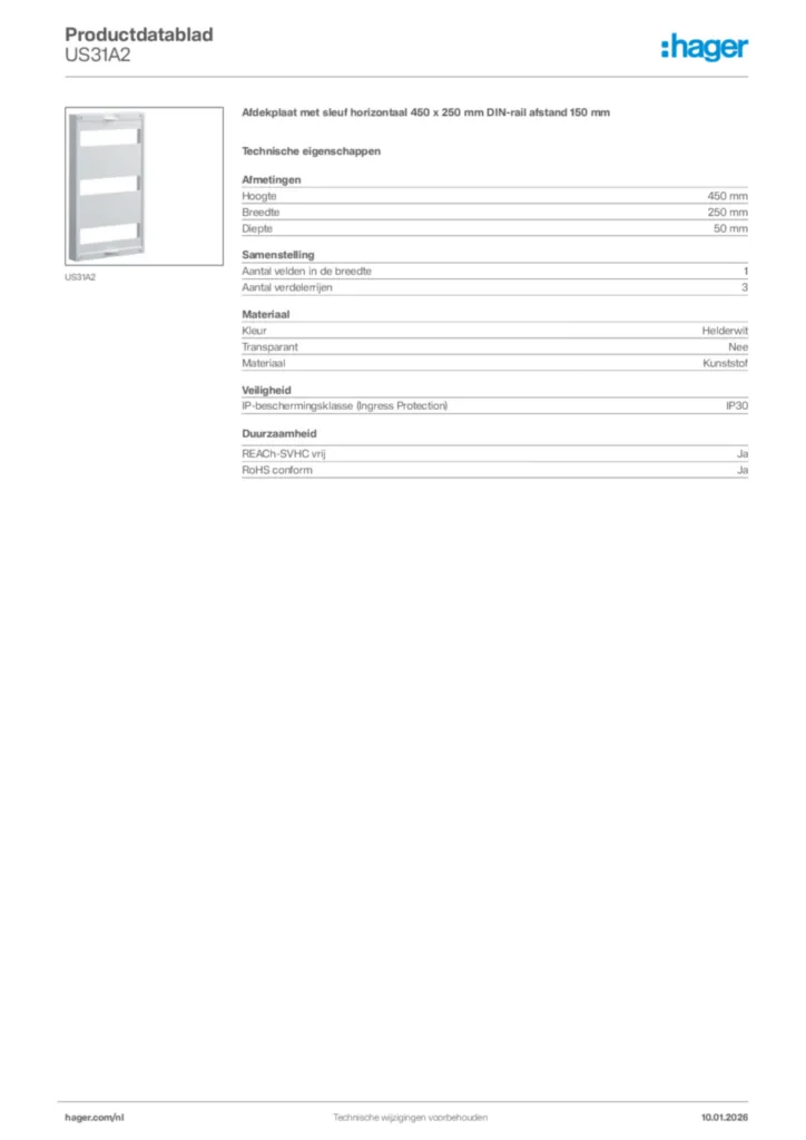 Afbeelding Hager Productdatablad US31A2 | Hager Nederland