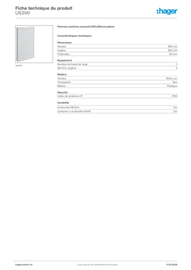 Image Hager Fiche technique du produit US31A1 | Hager Suisse