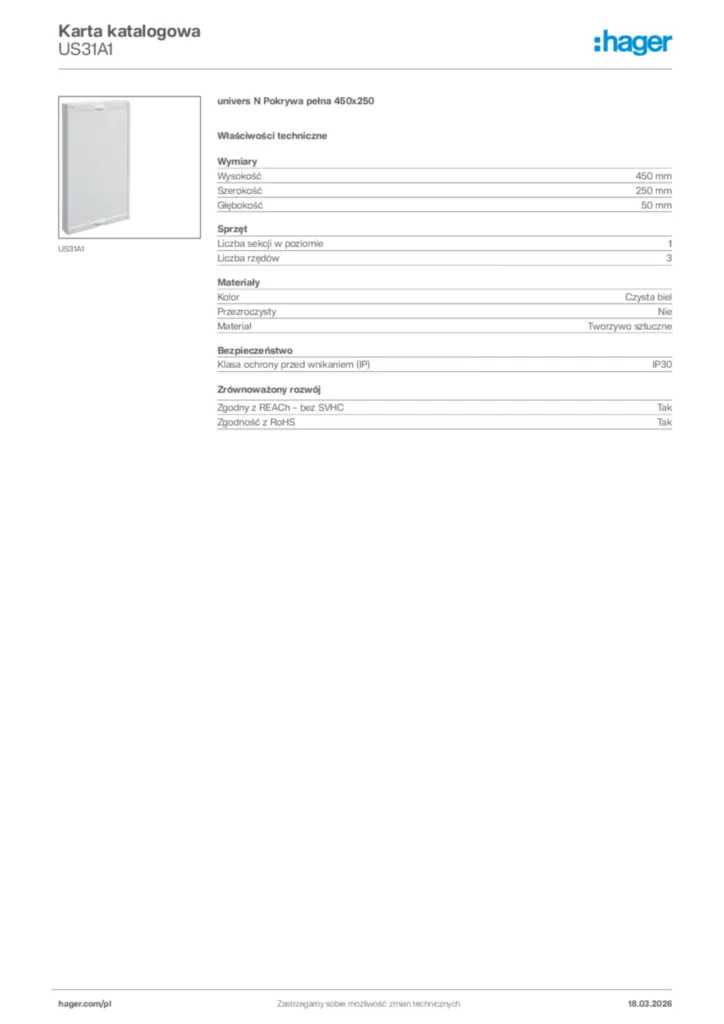 Zdjęcie Hager Karta katalogowa US31A1 | Hager Polska
