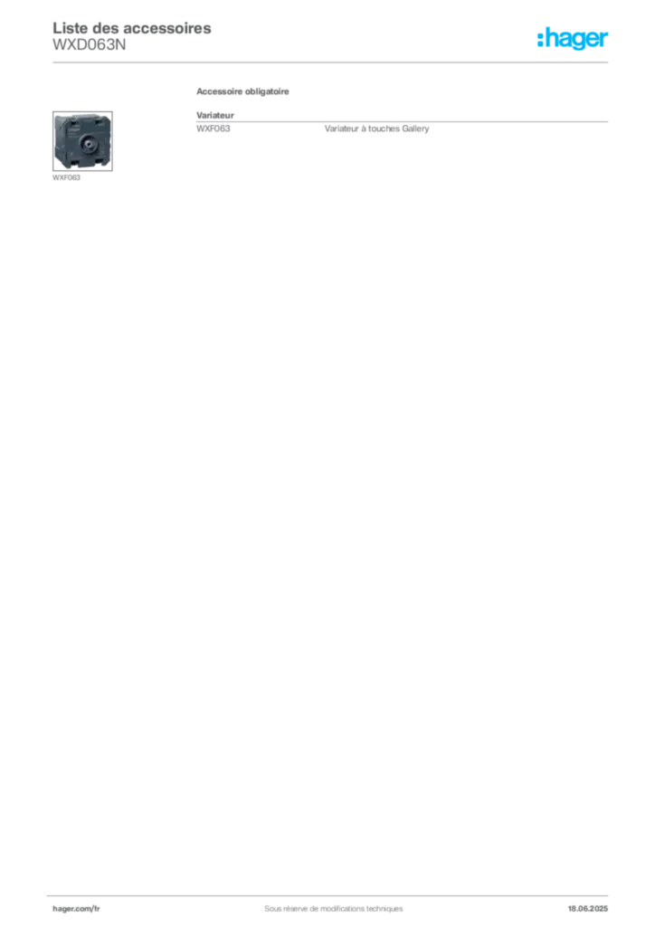 Image Hager Fiche technique du produit WXD063N | Hager France