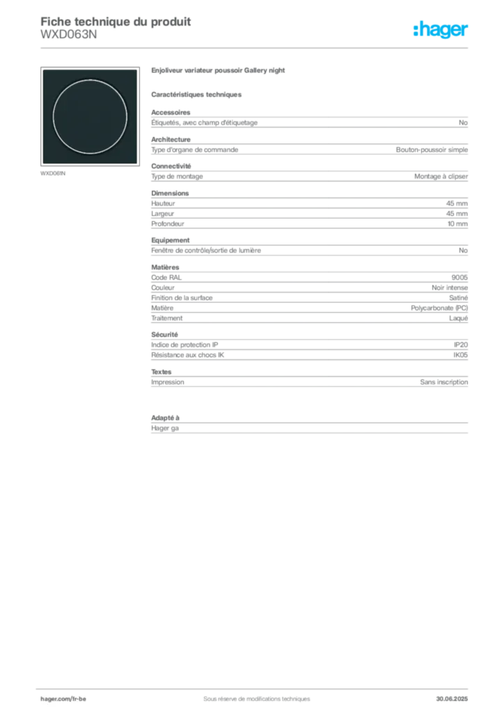 Image Hager Fiche technique du produit WXD063N | Hager Belgique