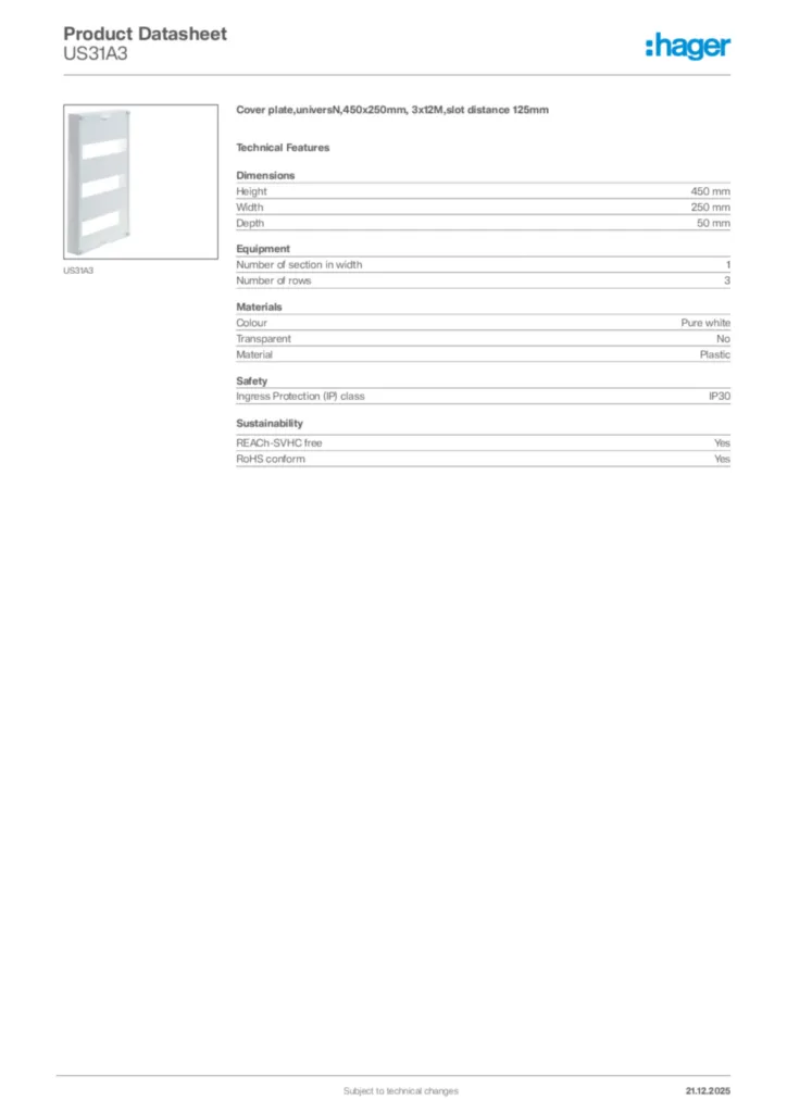 Image Hager Product data sheet US31A3  | Hager Africa
