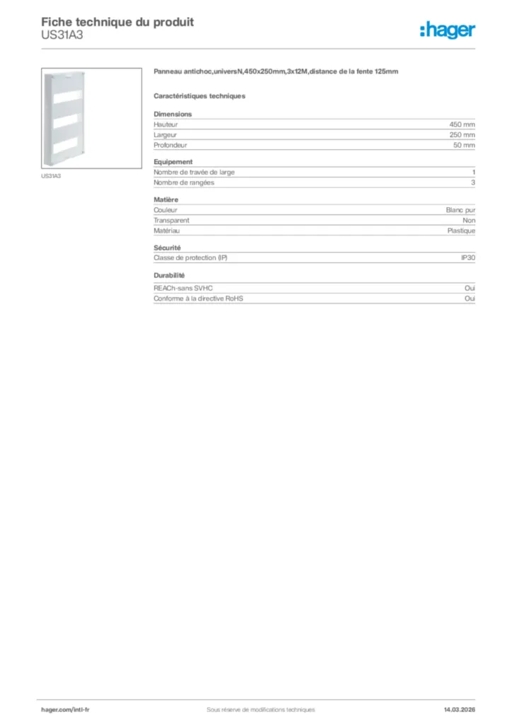 Image Hager Fiche technique du produit US31A3 | Hager Afrique