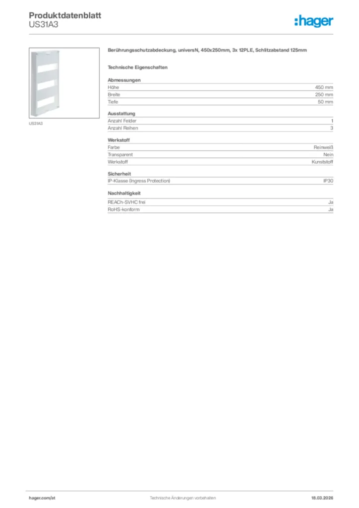 Bild Hager Produktdatenblatt US31A3 | Hager Deutschland