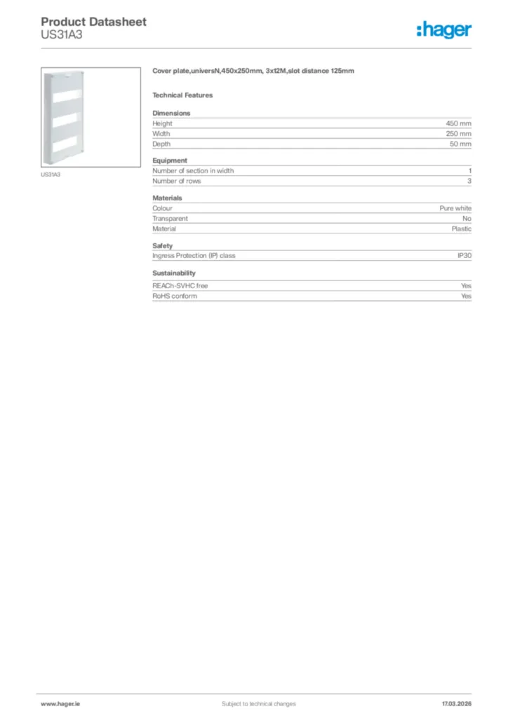 Image Hager Product data sheet US31A3  | Hager