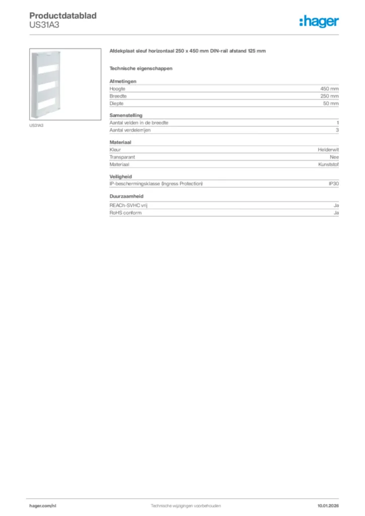 Afbeelding Hager Productdatablad US31A3 | Hager Nederland