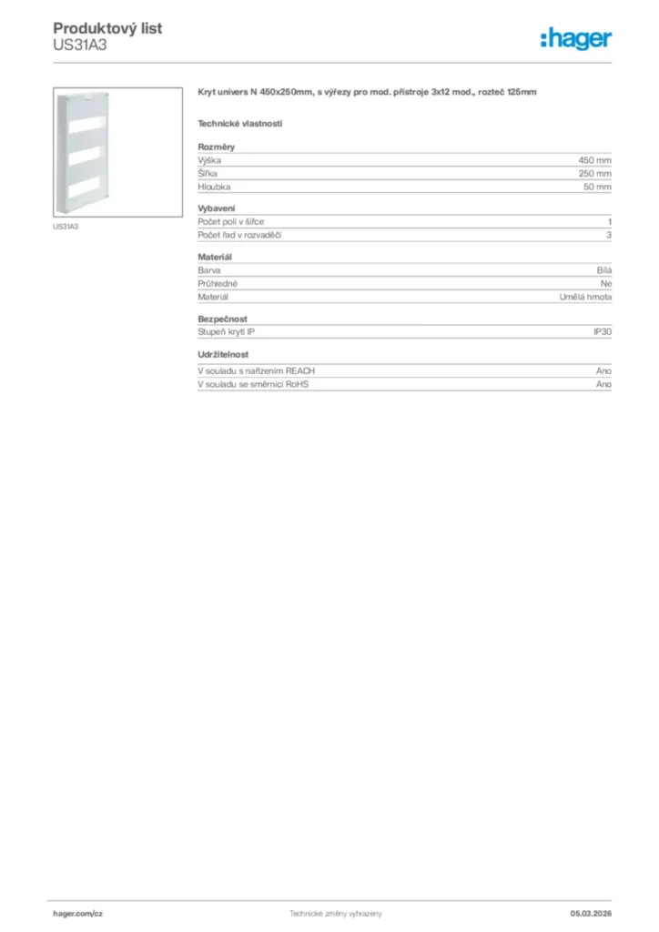 Obrázek Hager Product data sheet US31A3 | Hager