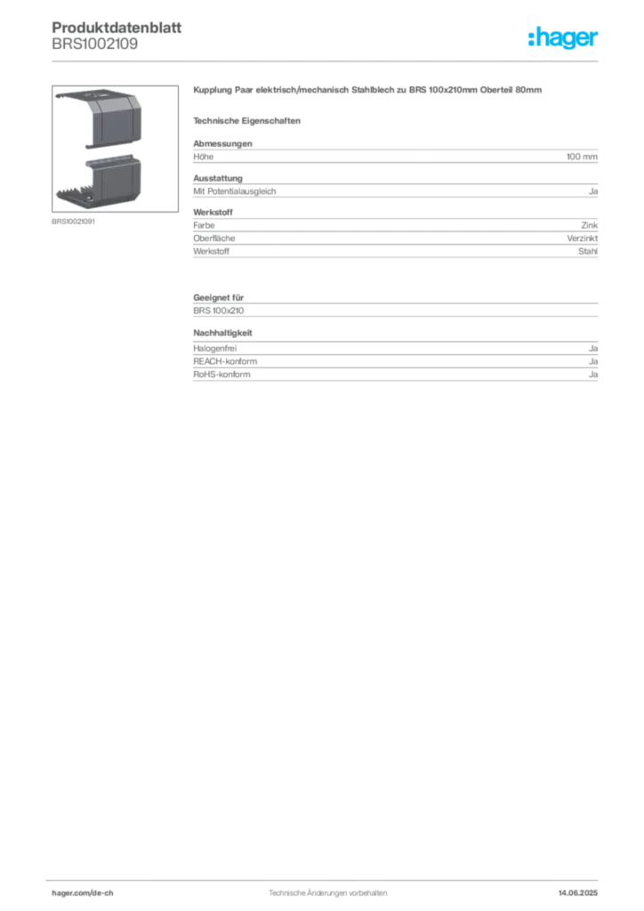 Bild Hager Produktdatenblatt BRS1002109 | Hager Schweiz
