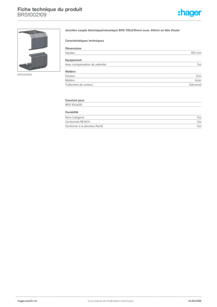 Image Hager Fiche technique du produit BRS1002109 | Hager Suisse