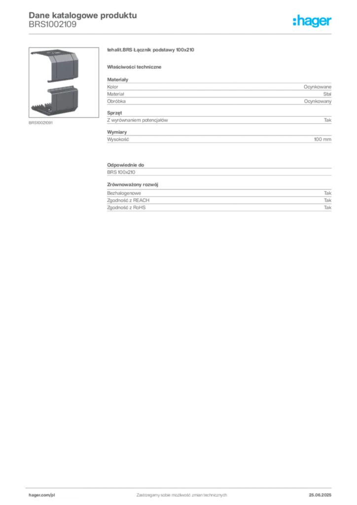 Zdjęcie Hager Dane katalogowe produktu BRS1002109 | Hager Polska