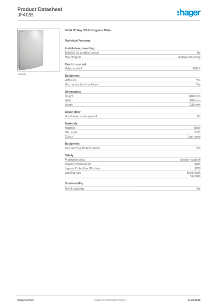 Image Hager Product data sheet JF412B  | Hager