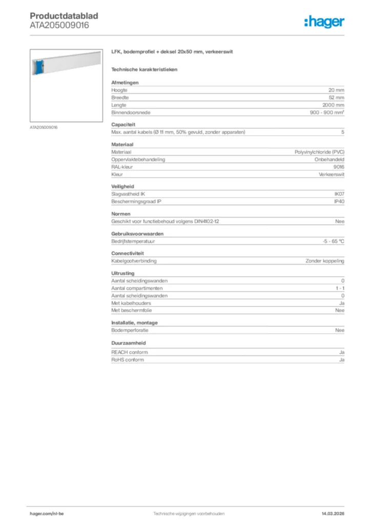 Afbeelding Hager Productdatablad ATA205009016 | Hager Belgium