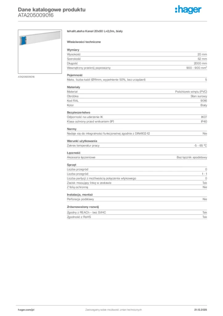 Zdjęcie Hager Dane katalogowe produktu ATA205009016 | Hager Polska