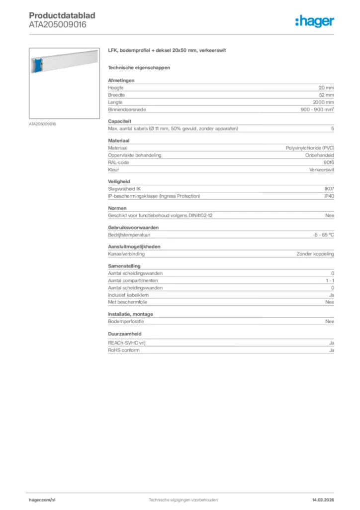 Afbeelding Hager Productdatablad ATA205009016 | Hager Nederland