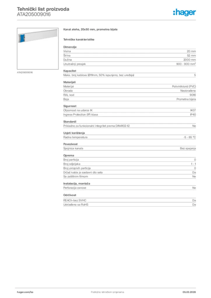 Slika Hager Tehnički list proizvoda ATA205009016  | Hager