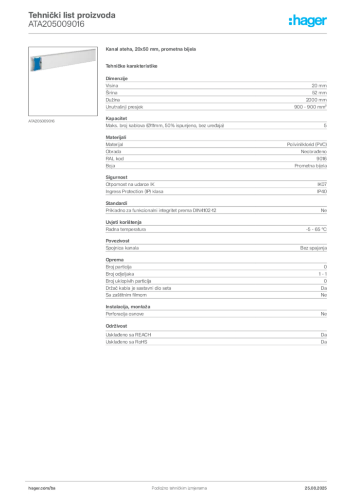 Slika Hager Product data sheet ATA205009016  | Hager