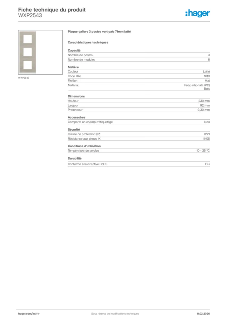 Image Hager Fiche technique du produit WXP2543 | Hager Afrique