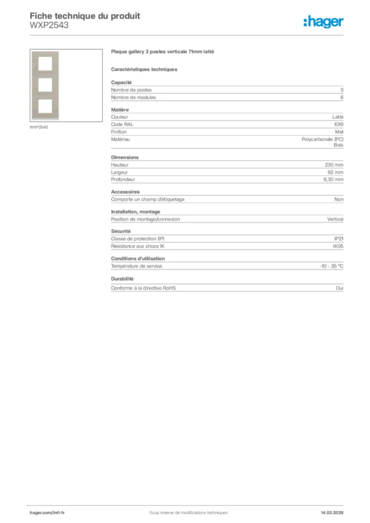Image Hager Fiche technique du produit WXP2543 | Hager Afrique