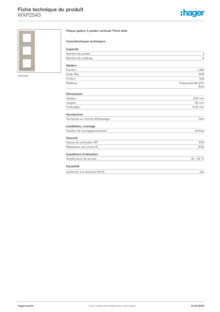 Image Hager Fiche technique du produit WXP2543 | Hager France