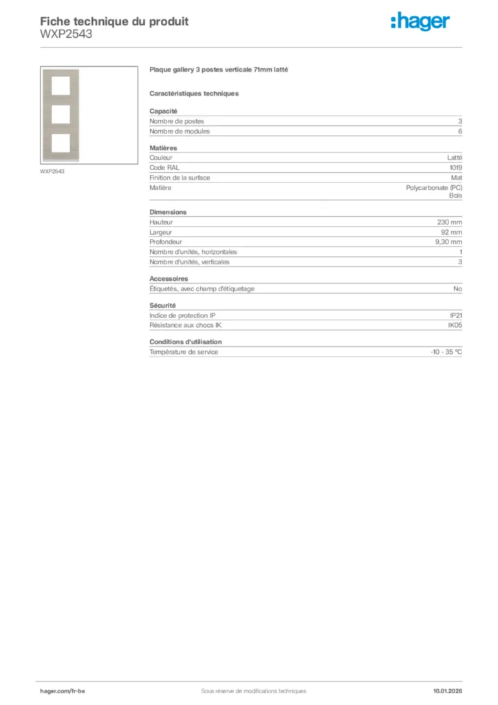 Image Hager Fiche technique du produit WXP2543 | Hager Belgique