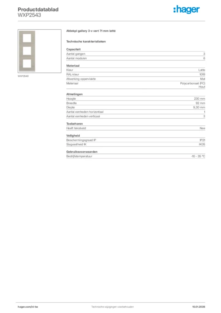 Afbeelding Hager Productdatablad WXP2543 | Hager Belgium