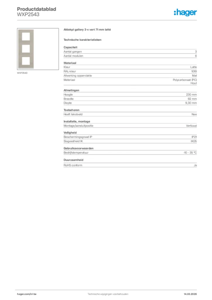 Afbeelding Hager Productdatablad WXP2543 | Hager Belgium
