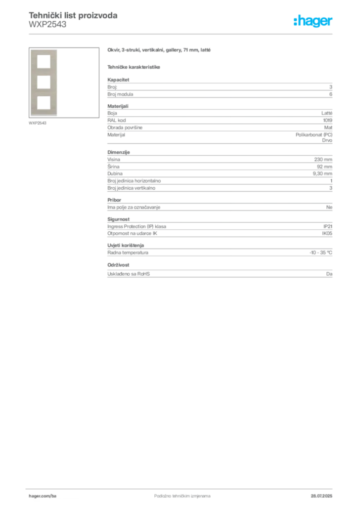 Slika Hager Product data sheet WXP2543  | Hager