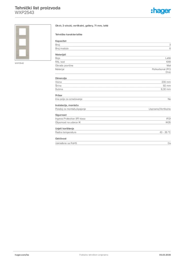 Slika Hager Tehnički list proizvoda WXP2543  | Hager