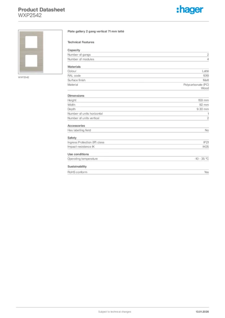 Image Hager Product data sheet WXP2542  | Hager Africa