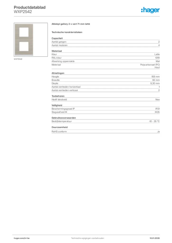 Afbeelding Hager Productdatablad WXP2542 | Hager Belgium