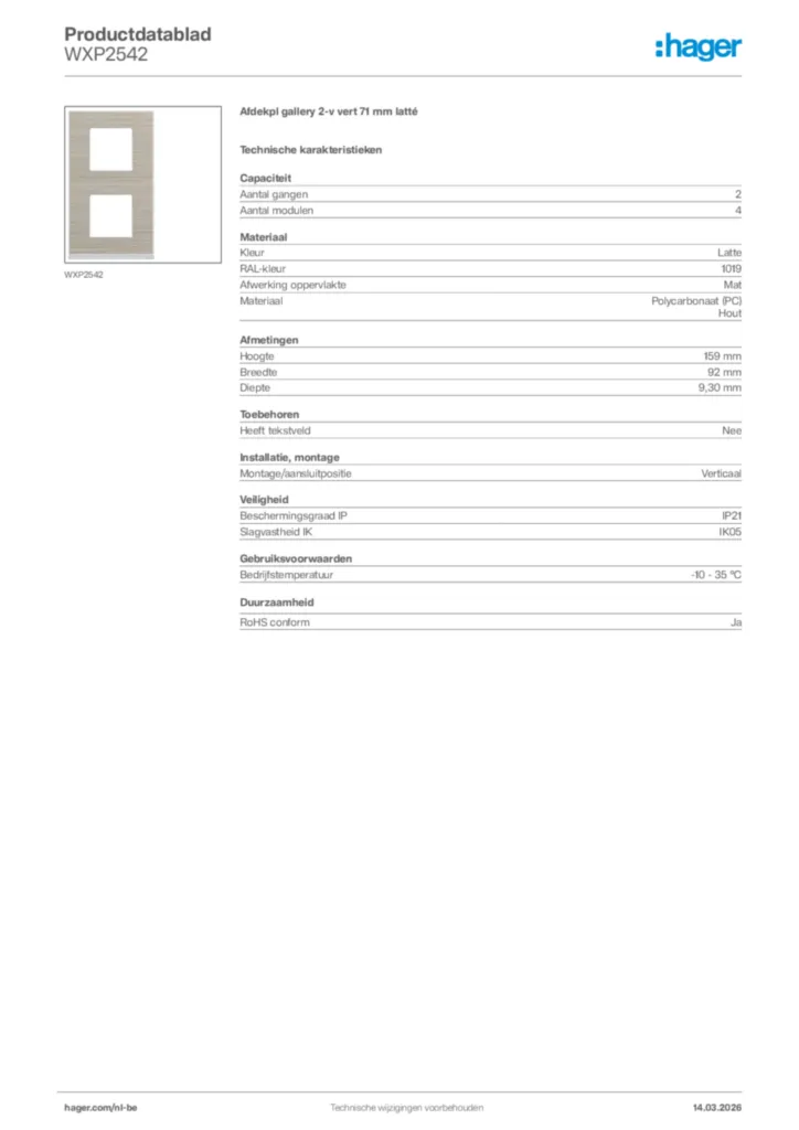 Afbeelding Hager Productdatablad WXP2542 | Hager Belgium