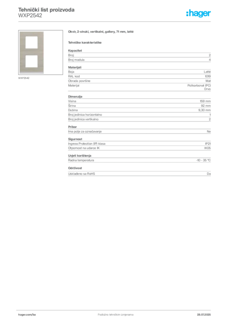 Slika Hager Product data sheet WXP2542  | Hager