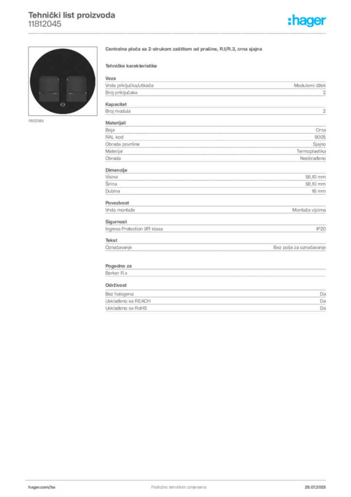 Slika Hager Product data sheet 11812045  | Hager