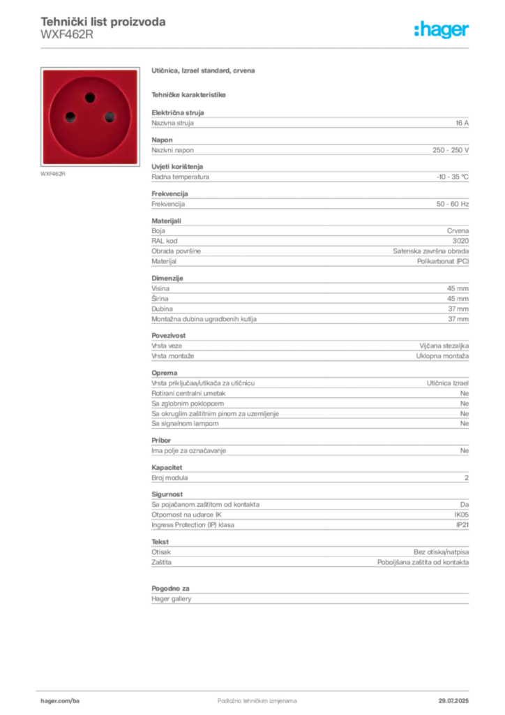 Slika Hager Product data sheet WXF462R  | Hager