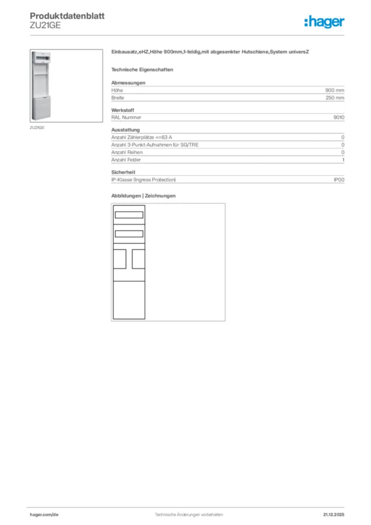 Bild Hager Produktdatenblatt ZU21GE | Hager Deutschland