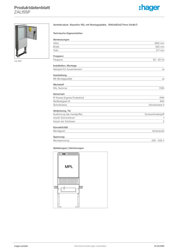Bild Hager Produktdatenblatt ZAL155P | Hager Deutschland